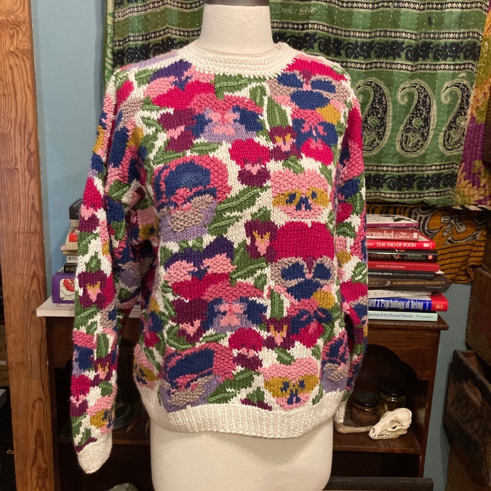 Vintage 80s Ramie Flower Sweater Handmade Knit Medium Fall Northern Isles
